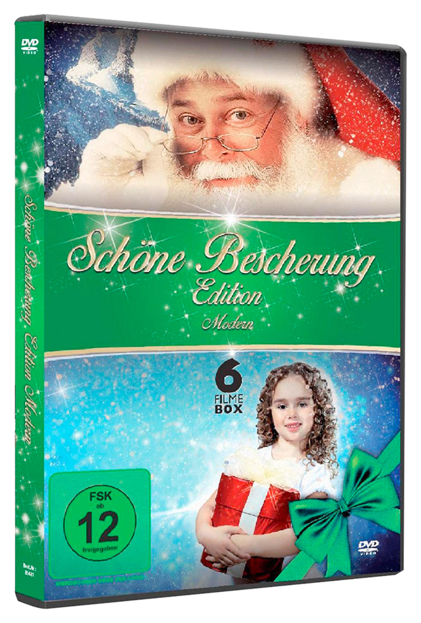 DVD-Hülle mit Weihnachtsmann, der herüberblickt. Ein junges Mädchen, das ein Geschenk hält. Grün und blau.