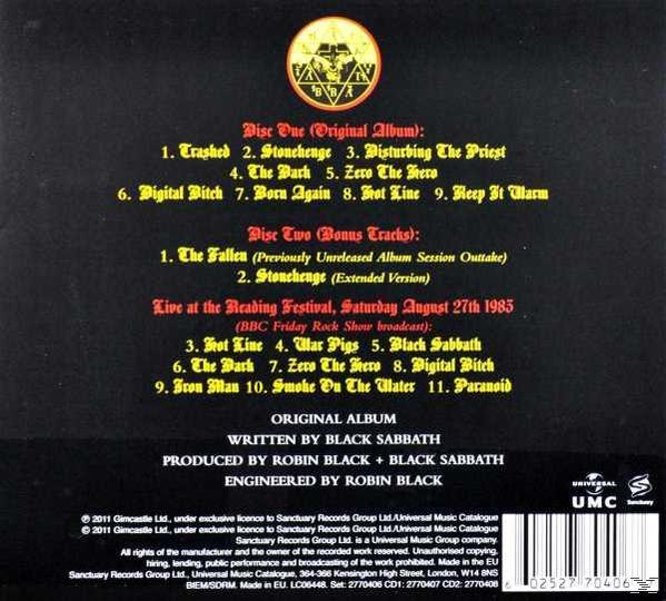 Black Sabbath album hátlapja. A számok listája, az album címe és a kreditek. Fekete háttér.
