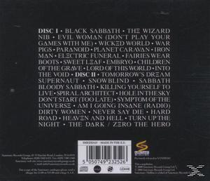 Albumcover. Schwarzer Hintergrund mit weißer Titelliste. Text: Black Sabbath. Disc 1 und Disc 2 Titellisten.