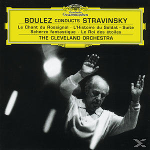 CD-Cover: Schwarz und gelb mit einem Dirigenten. Text: 'Boulez dirigiert Strawinsky' und der Orchestername.
