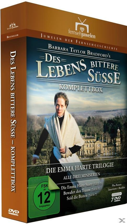 DVD-Boxset mit einer Frau auf einem Feld. Text: "Des Lebens Bittere Süße", "Die Emma Harte Trilogie".