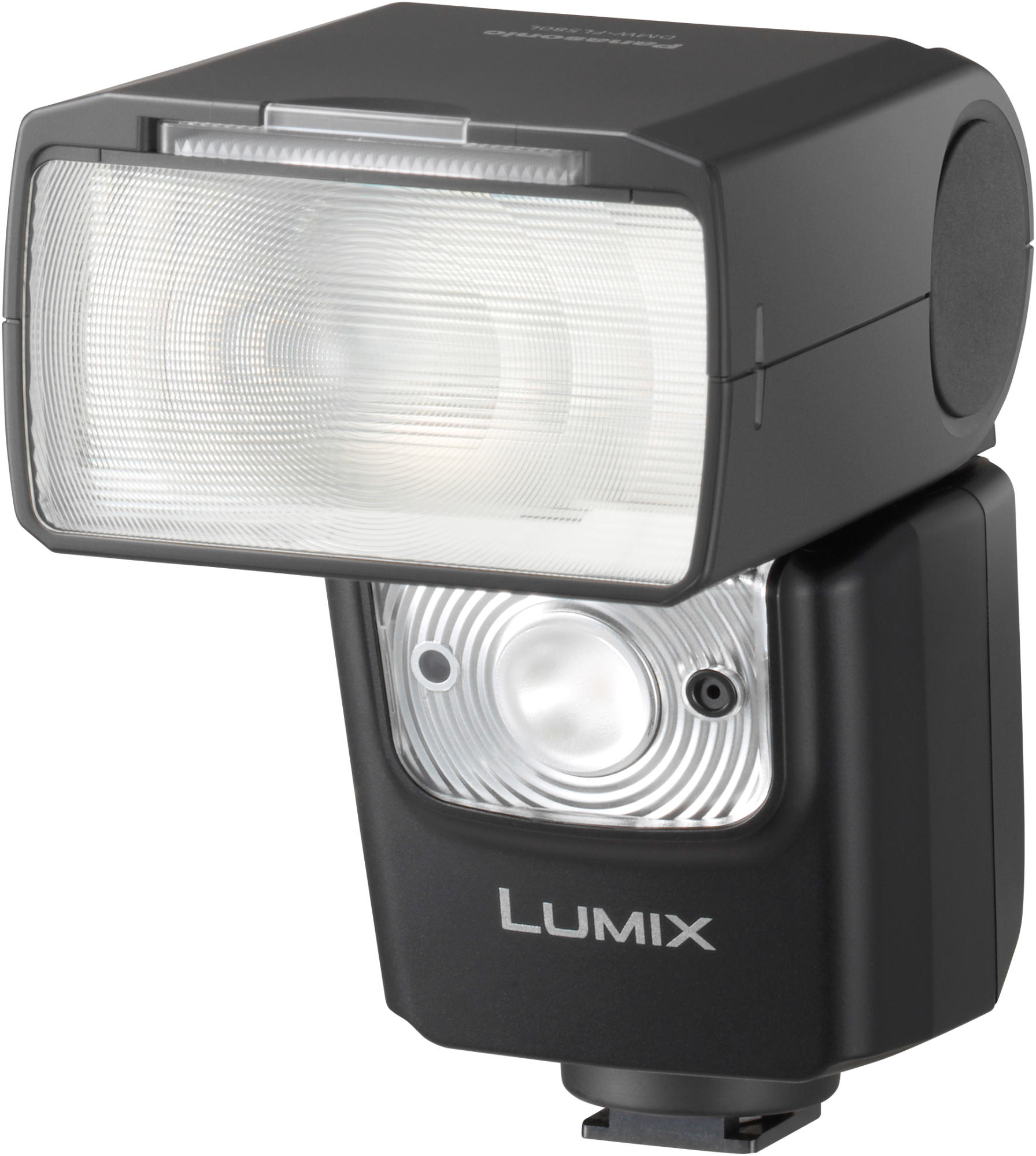 Unità flash nera Panasonic Lumix con grande lente frontale e luce LED integrata su sfondo bianco.