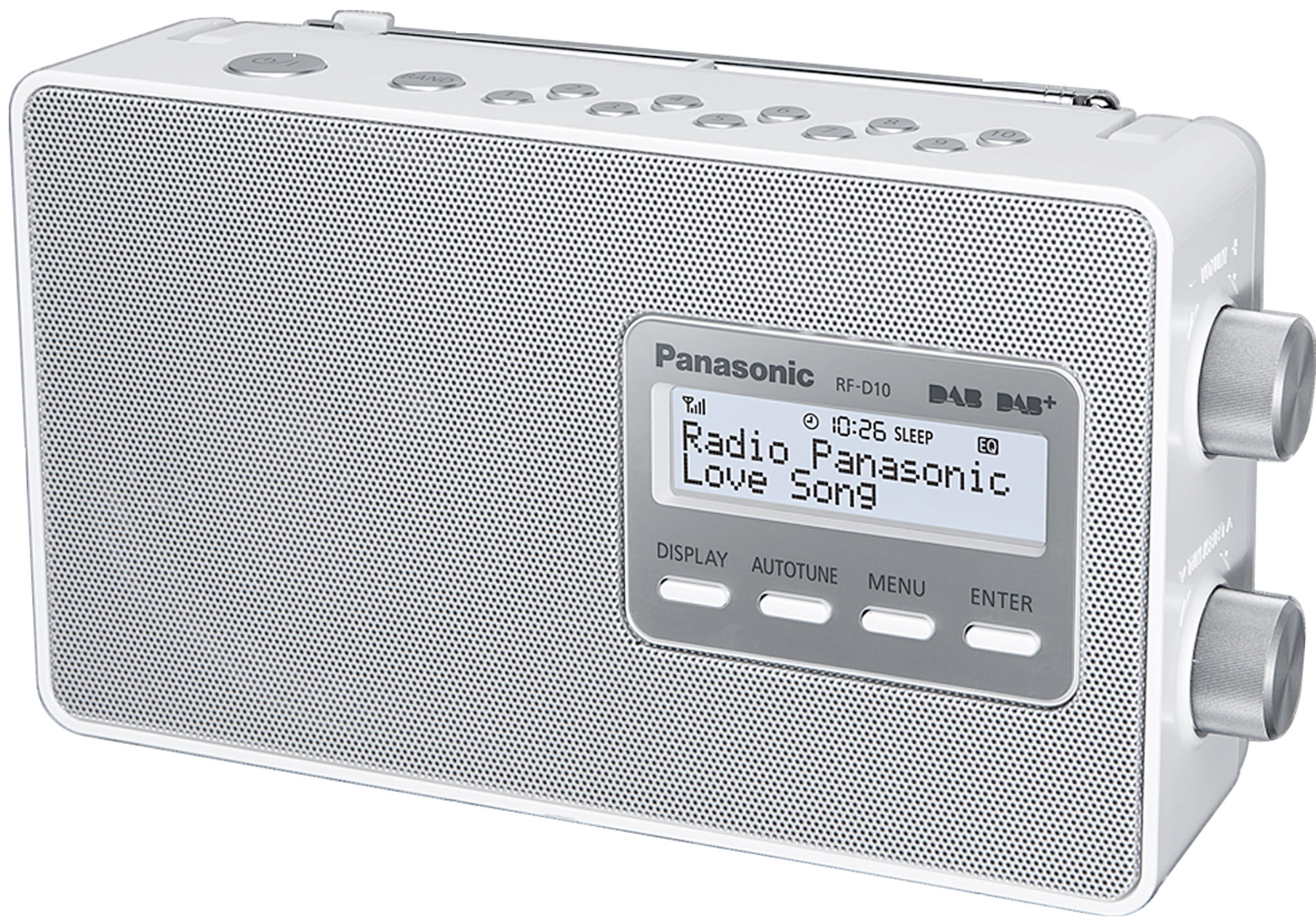 Radio Panasonic blanche avec écran affichant l'heure, la station et les boutons.