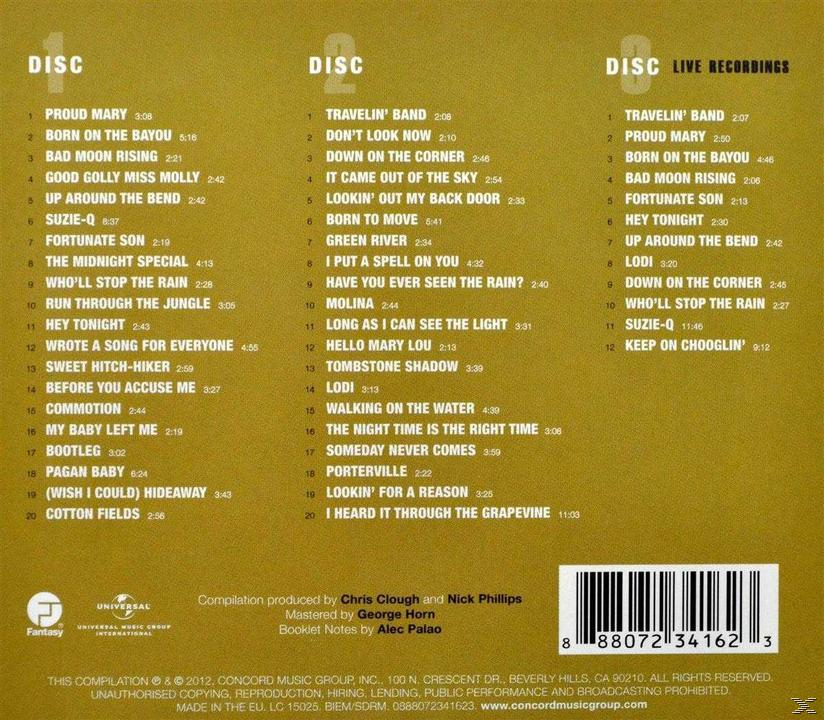 CD-Cover: Drei CDs mit Titellisten. Text: Proud Mary, Born on the Bayou. Mehrere weitere Songtitel.