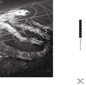 Abstrakte Schwarz-Weiß-Albumkunst mit geometrischen Formen und einer Person.