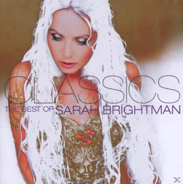 Albumcover mit Sarah Brightman. Sie hat langes, weißes Haar und ein goldfarbenes Oberteil. Der Titel lautet 'Classics'.