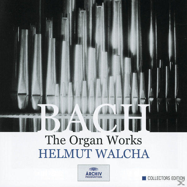 Albumcover mit Text 'Bach The Organ Works' und einem Bild von Orgelpfeifen.