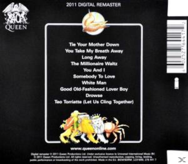 Pochette de CD : liste des titres d'un album de Queen, avec diverses chansons. Un groupe de personnages en bas.