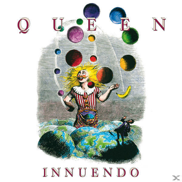 Queen albumhoes: Een man die jongleert, figuren op globes en het woord INNUENDO.