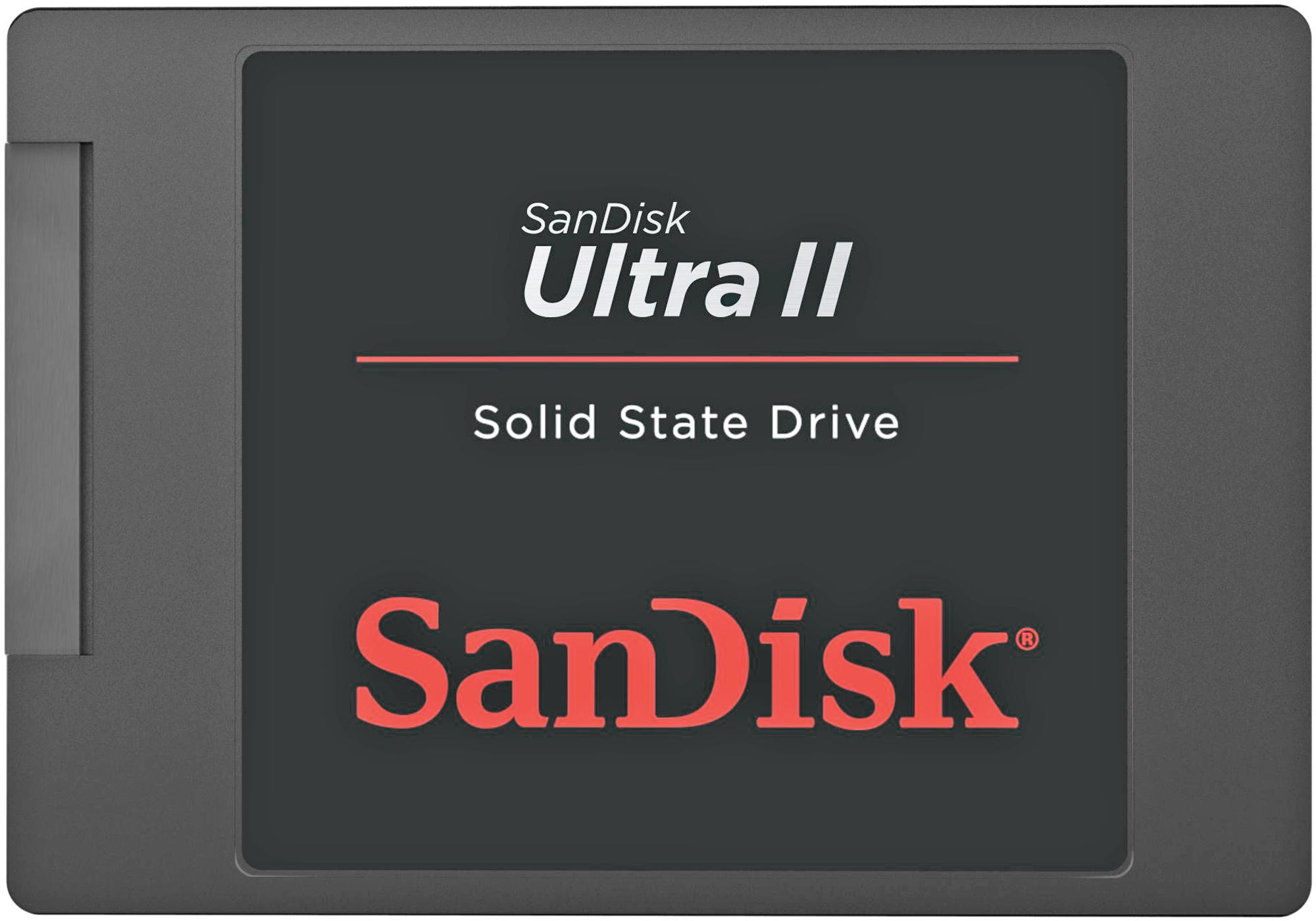Eine schwarz-graue Solid-State-Festplatte mit dem Aufdruck 'Sandisk Ultra II'.