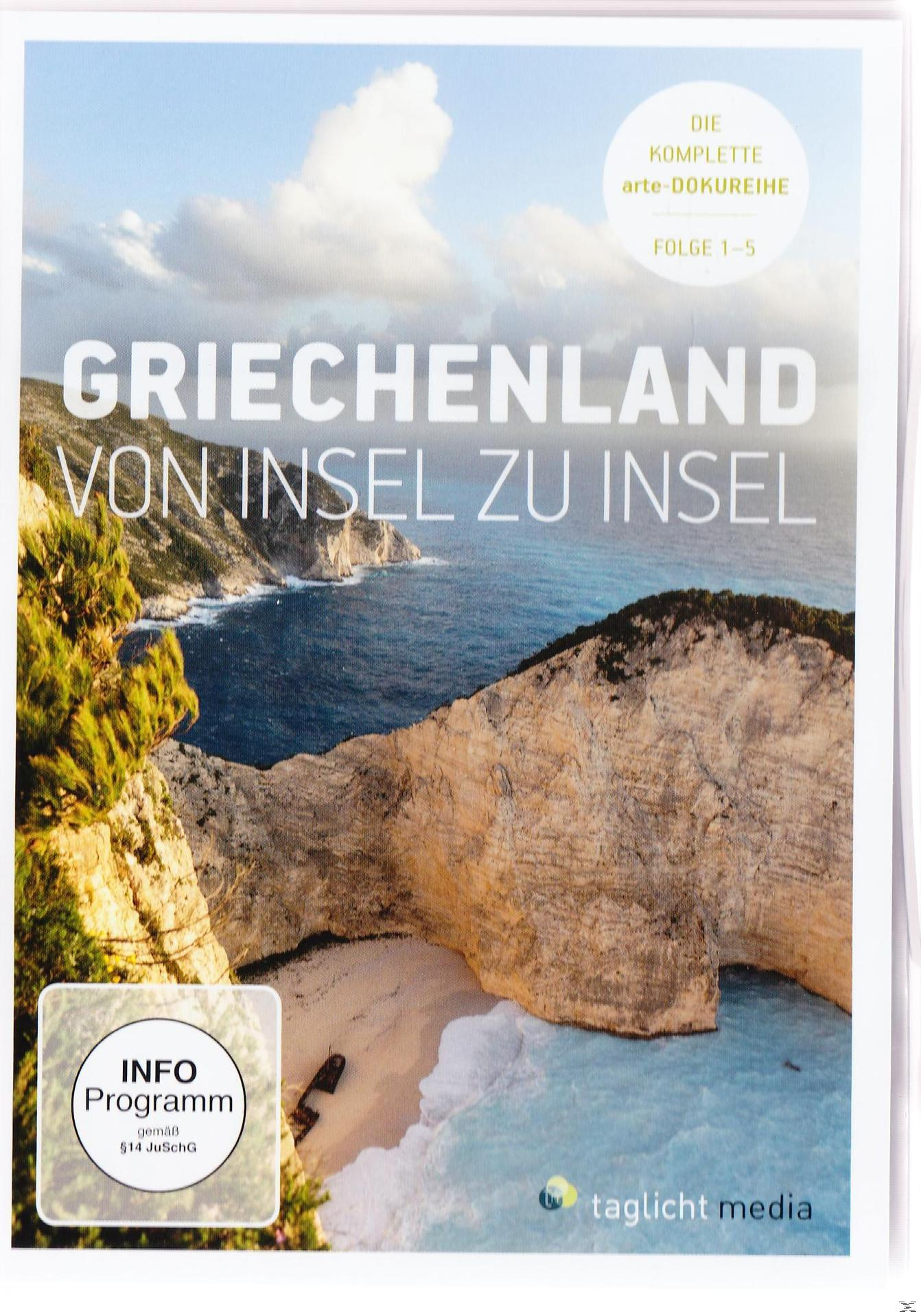 DVD-Cover: Küstenlinie und Meer. Titel: Griechenland von Insel zu Insel. Info Program Logo.