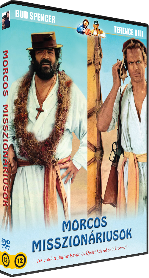 A 'Morcos Misszionáriusok' DVD borítója, Bud Spencerrel és Terence Hillel. Kék háttér, magyar szöveg.