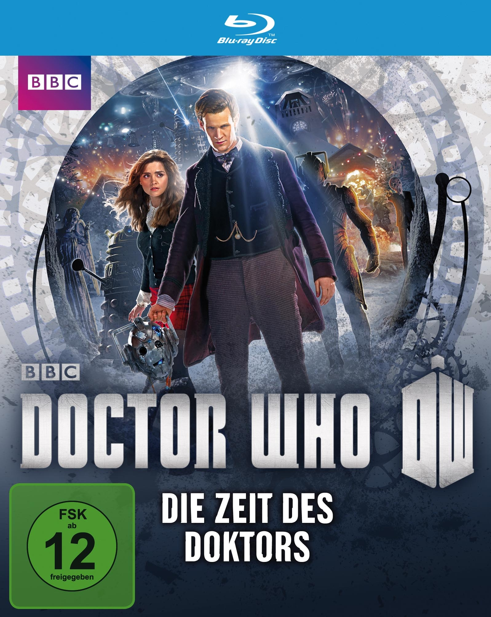 DVD-Cover: Doctor Who, Mann im Mantel, mit einer Frau, Titel "Die Zeit des Doktors".