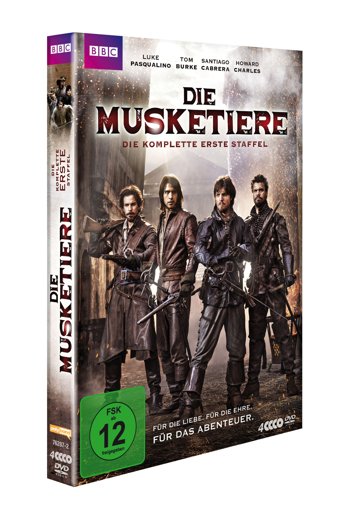 DVD-Box-Set von Die Musketiere. Das Cover zeigt vier Männer in historischer Kleidung mit Waffen.
