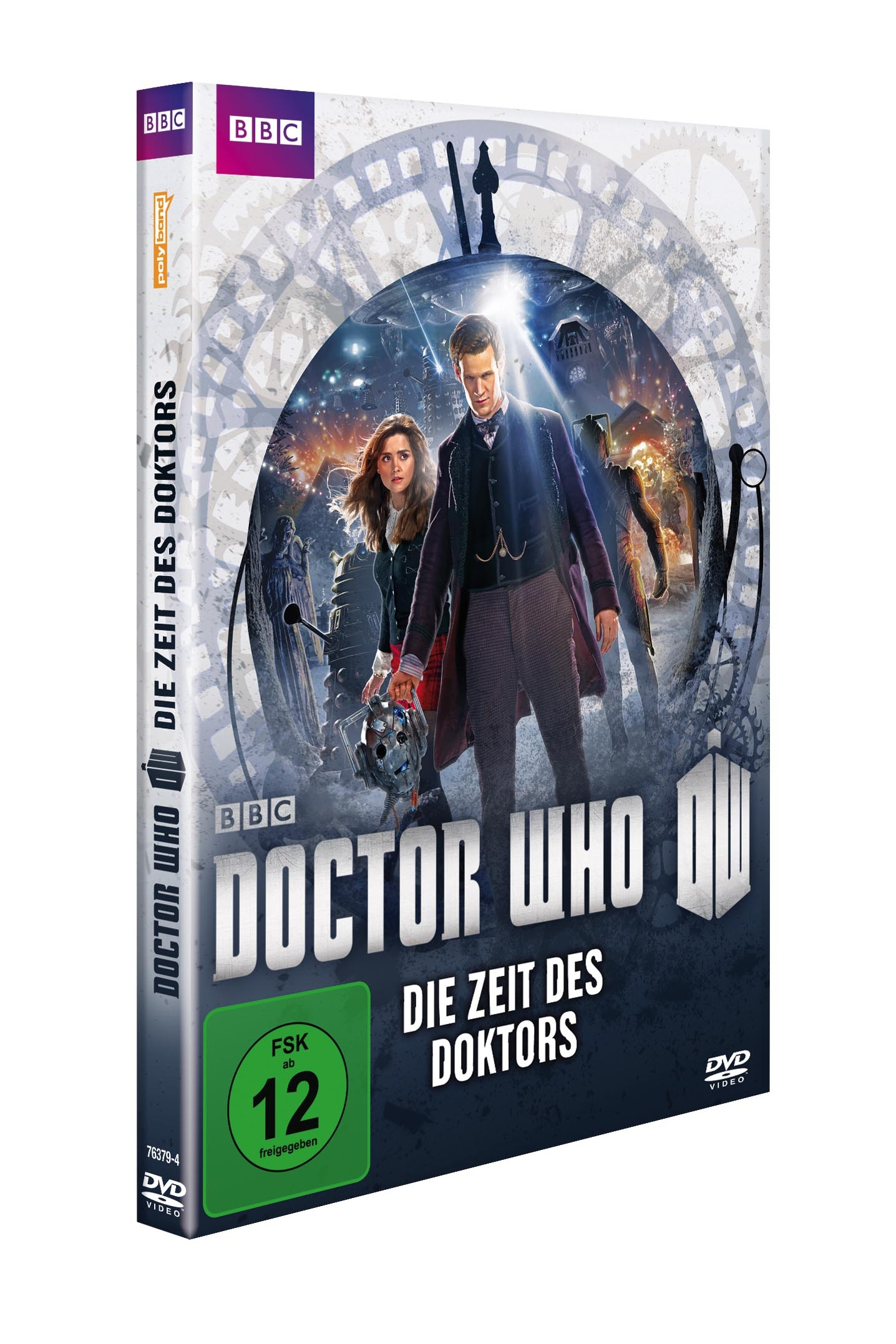 DVD-Cover von Doctor Who: Die Zeit des Doktors. Enthält zwei Figuren, einen Hintergrund mit Uhr und ein BBC-Logo.