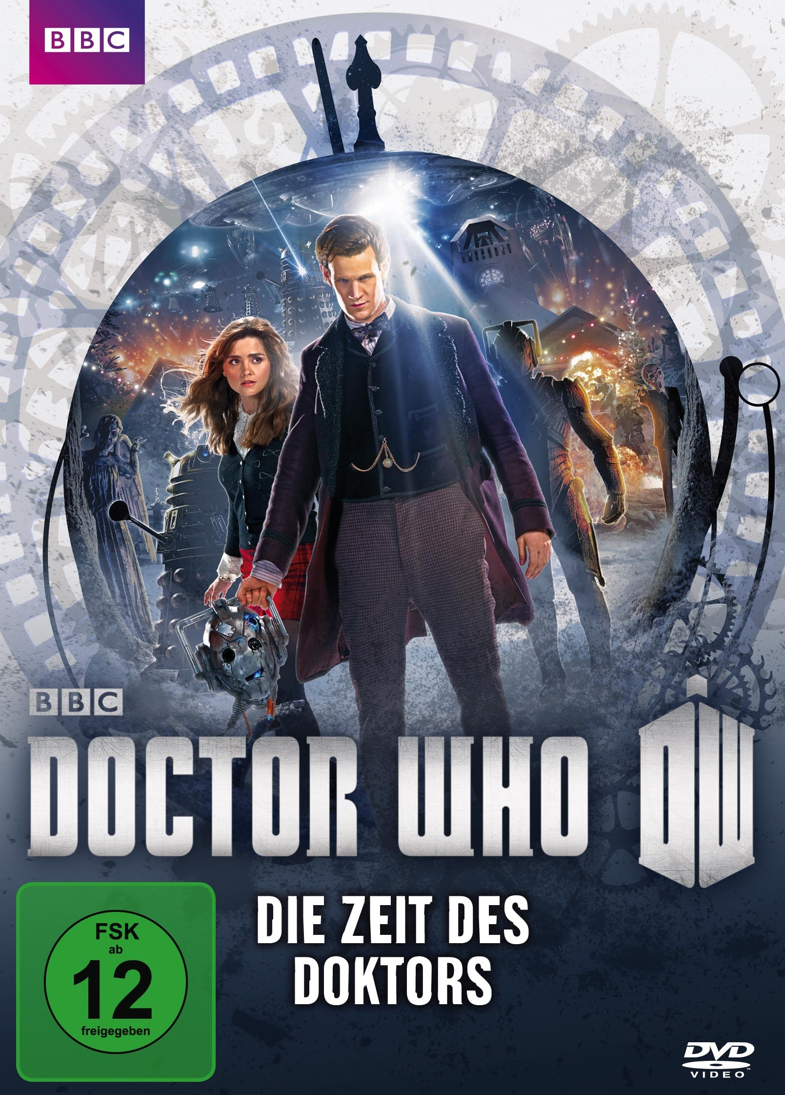 DVD-Cover: Doctor Who. Zwei Figuren vor zeitbezogenem Hintergrund. Text: Die Zeit des Doktors.