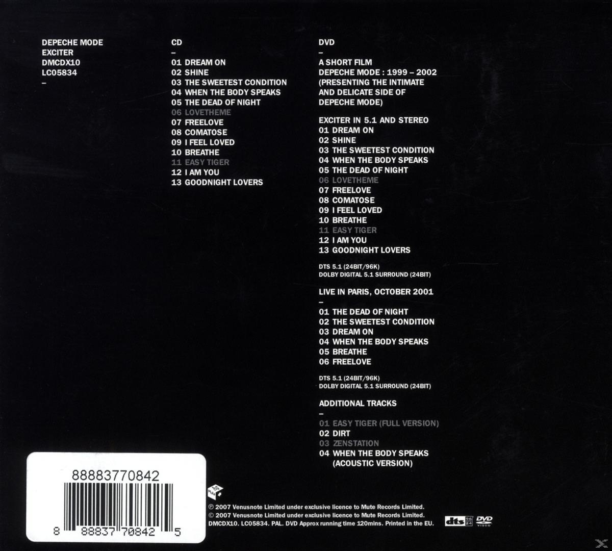Depeche Mode CD- und DVD-Cover. Titellisten sichtbar. Schwarzer Hintergrund. Text weiß.