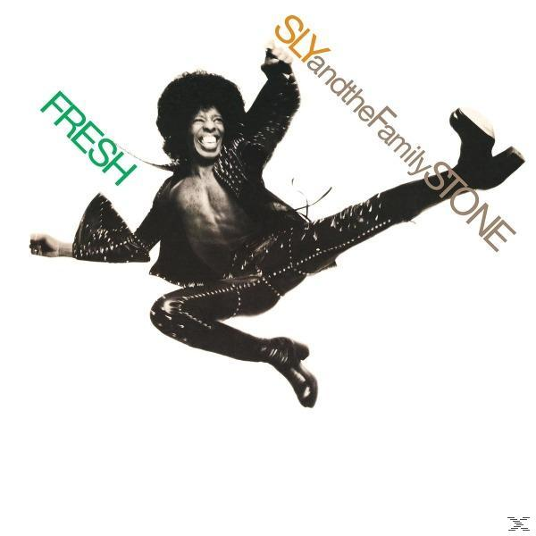 Album borító Sly Stone-nal a levegőben, élénk színekkel és 'Fresh' felirattal.