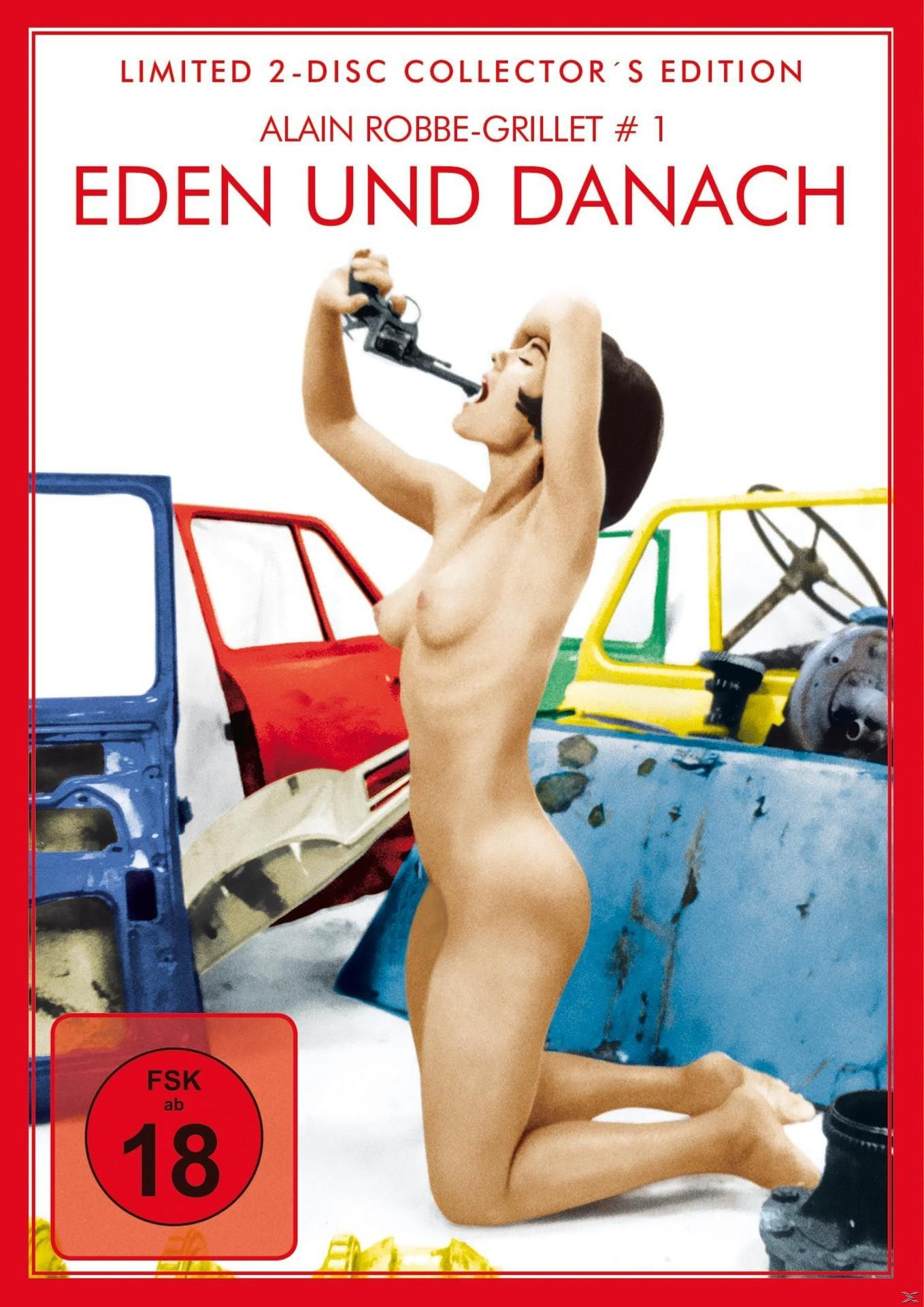 DVD-Cover für 'Eden und danach'. Eine nackte Frau zielt mit einer Pistole auf ihren Mund. Rot-Blau-Farbschema.