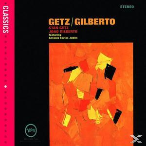 Getz / Gilberto Albumcover. Abstrakte Kunst in Orange und Gelb, schwarzer Hintergrund.