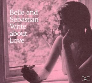 Albumcover. Eine Frau am Fenster, Text 'Belle and Sebastian Write about Love' in Rosa.