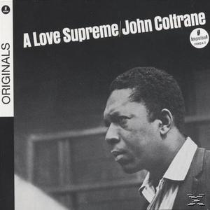 Albumcover: A Love Supreme von John Coltrane, schwarzweiß. Coltrane im Profil, nach links blickend.