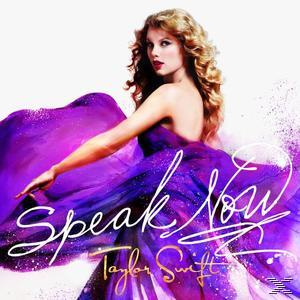 Albumcover von Taylor Swift mit dem Text "Speak Now" und ihrem Namen in einem lila Kleid.
