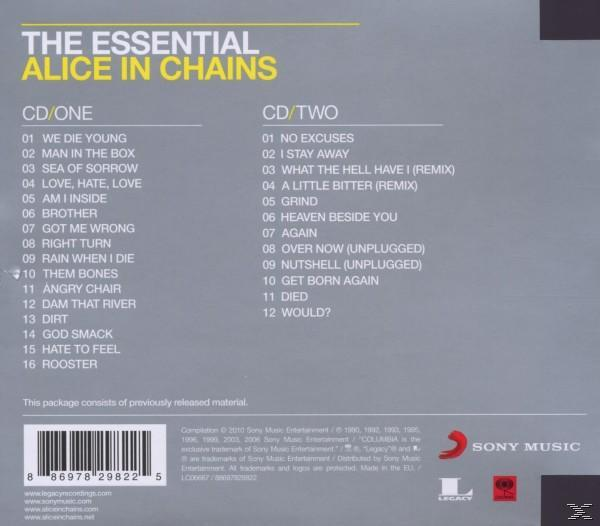Albumcover, Alice in Chains: The Essential. Zwei CD-Listen, Text auf grauem Hintergrund und ein Sony Music Logo.