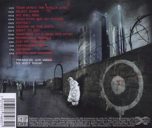 CD-Rückseite mit Text und einer Grafik einer Industrieszene mit Zaun.
