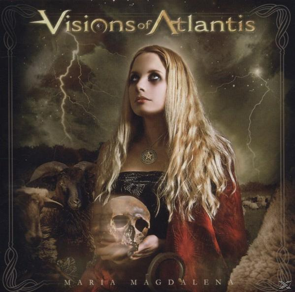 Album borító. Egy nő koponyát tart; juhok és sötét ég a háttérben. A cím Visions of Atlantis.