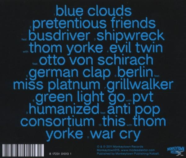 Een cd-hoes met songtitels in blauwe letters op een blauwe achtergrond.