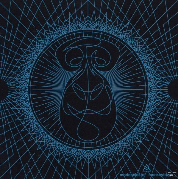 Albumhoes: abstracte blauwe lijnen die een gezicht-achtige vorm vormen op een zwarte achtergrond.