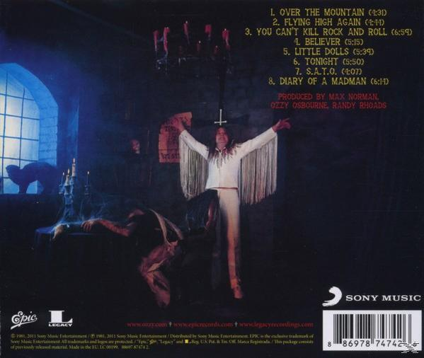 Album-Rückseite. Ozzy Osbourne mit Kreuz. Text: Album-Trackliste und Sony Music Logo.