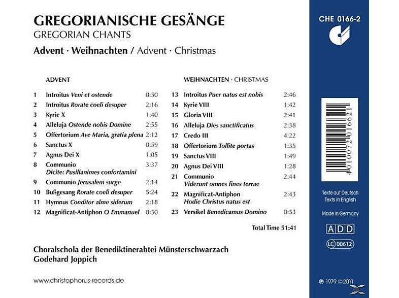 Thumbnail - Joppich/Schola Bendiktinverabtei Münsterschwarzach - Gregorianische Gesänge Zu Advent Und Wei (CD)