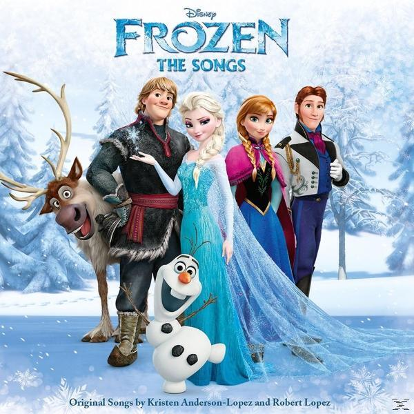 Frozen-Albumcover mit Figuren: Elsa, Anna, Kristoff, Olaf und Sven. Winterumgebung.