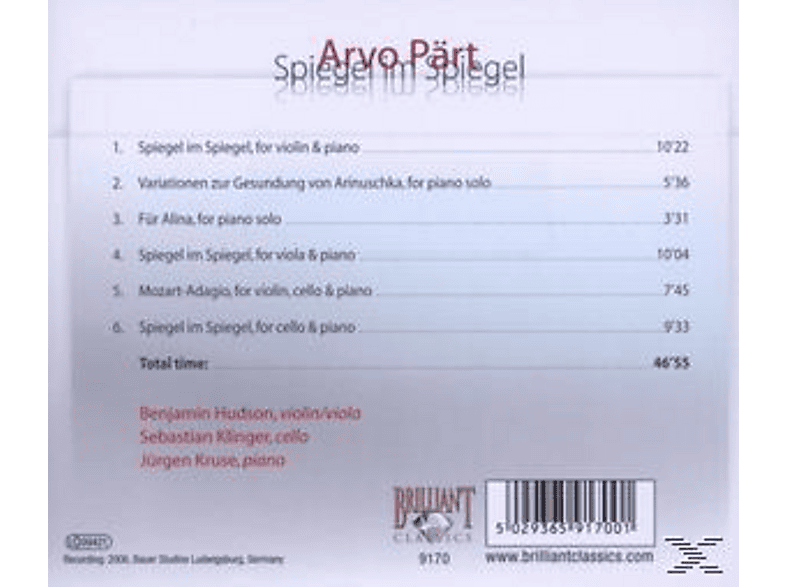 Thumbnail - Hudson, Hudson,Benjamin/Klinger,Sebastian/Kruse,Jürgen - Arvo Pärt: Spiegel Im (CD)