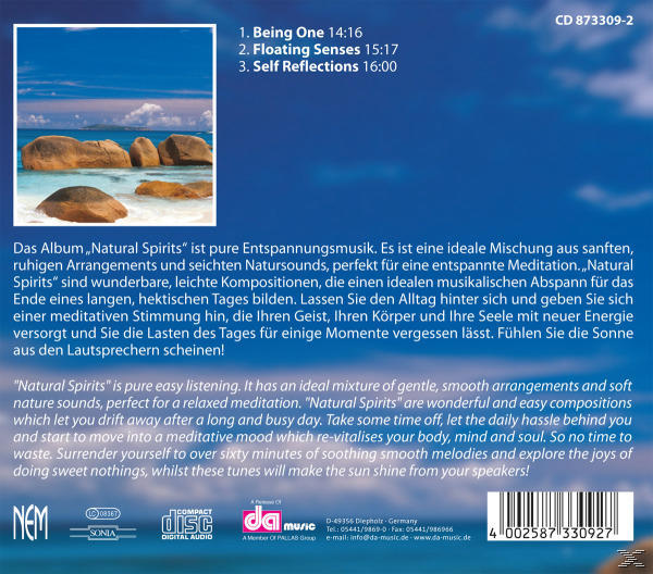 CD-Cover mit Text und einem Bild von Felsen an einem Strand neben dem Ozean unter blauem Himmel.