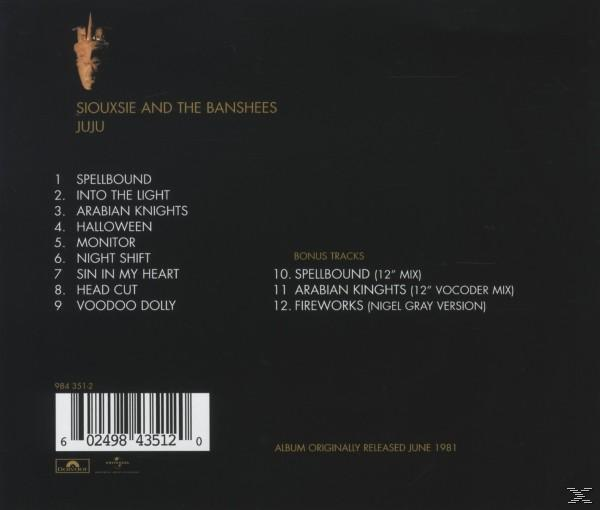 Album-Rückseite. Siouxsie and the Banshees, Juju. Trackliste und Albumtitel auf schwarzem Hintergrund.