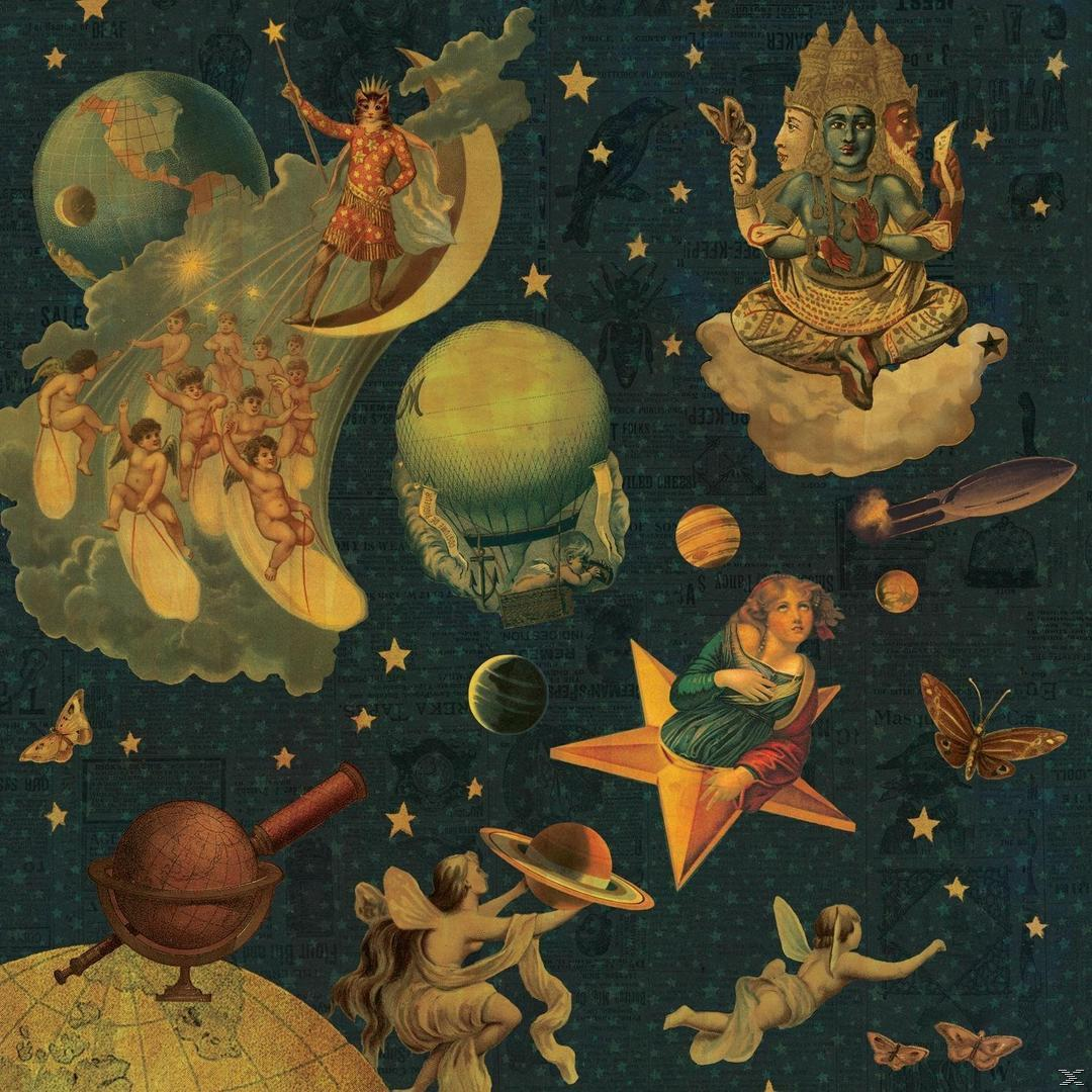 Vintage-Collage: Engel, Gottheiten, Planeten, Sterne und andere Himmelsbilder auf dunklem Blau.