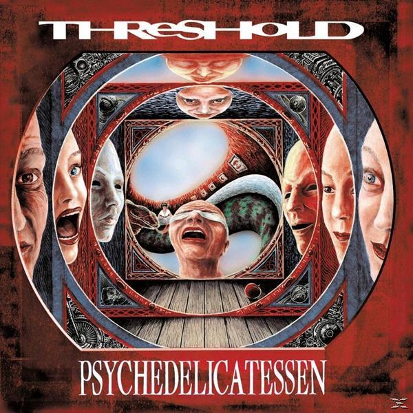 Albumcover mit surrealen Bildern: Gesichter, Mann mit geschlossenen Augen, rot-braunes Farbschema.