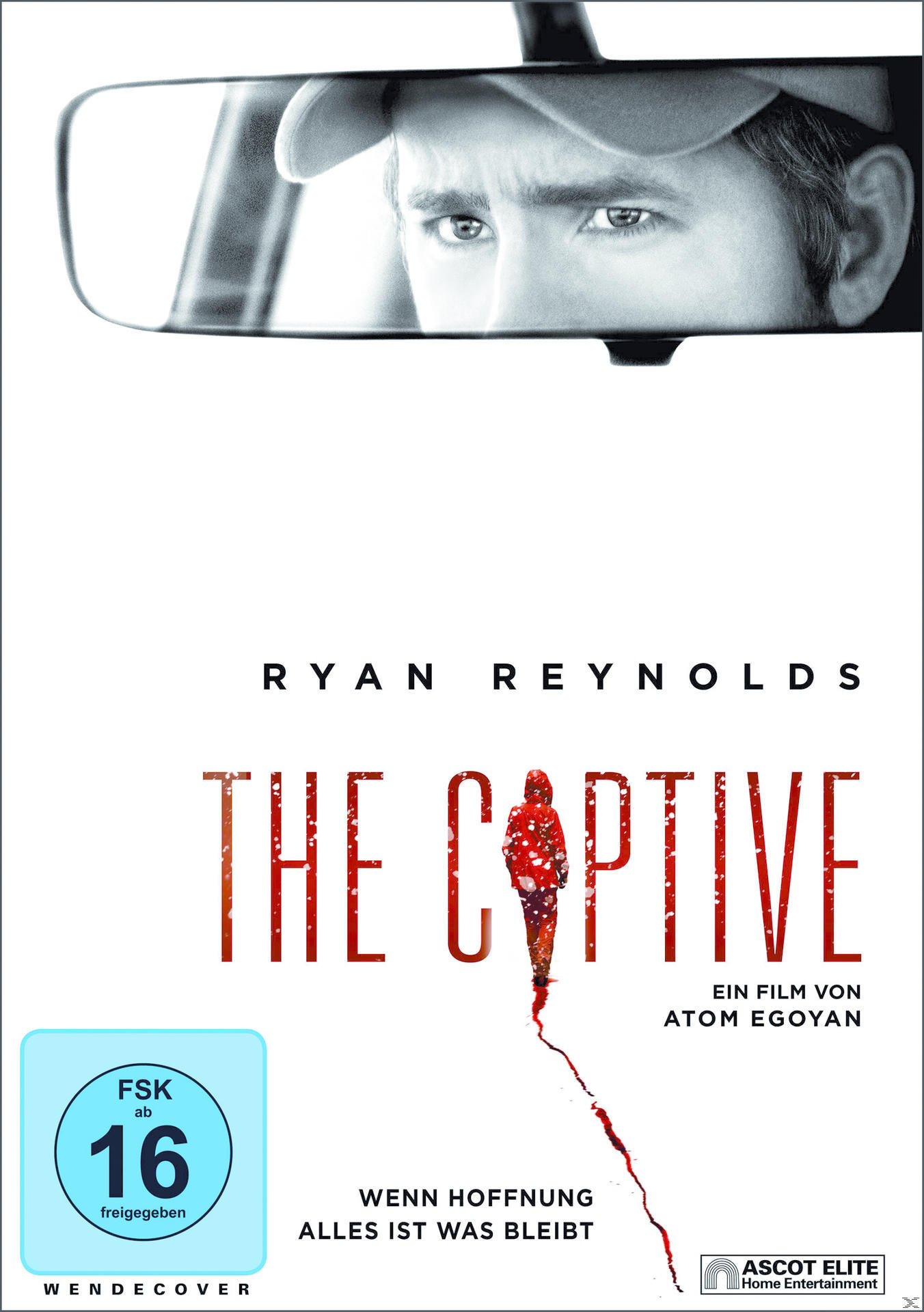 Filmplakat: Ein Mann im Rückspiegel, Titel 'The Captive', eine Figur geht auf einer roten Linie.