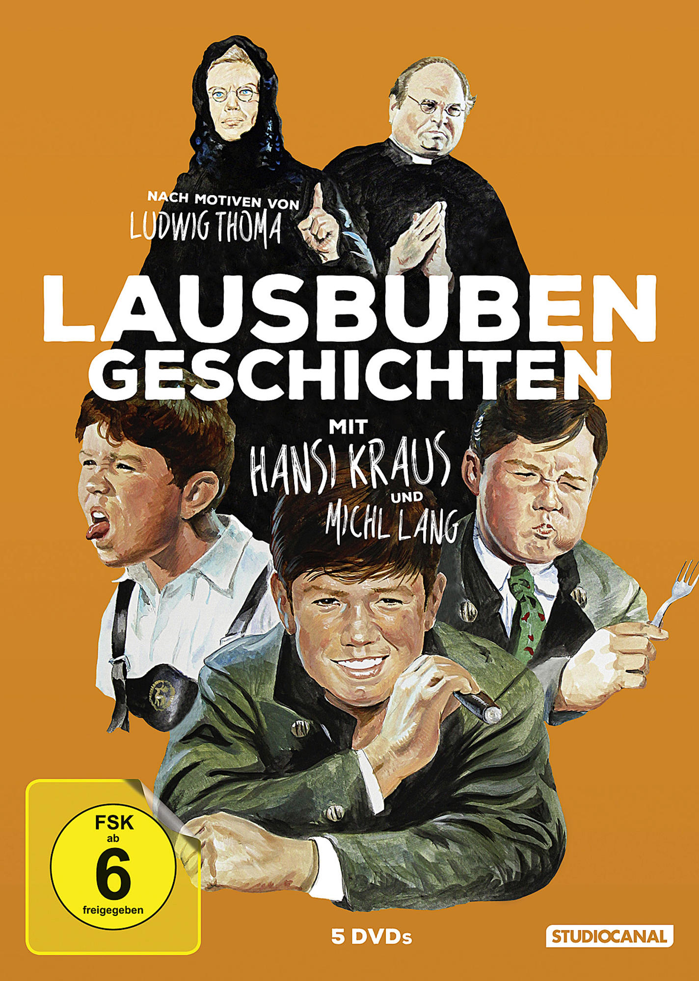 DVD-Cover mit Illustrationen von Schauspielern und Text auf Deutsch. Oranger Hintergrund mit Filmtitel.