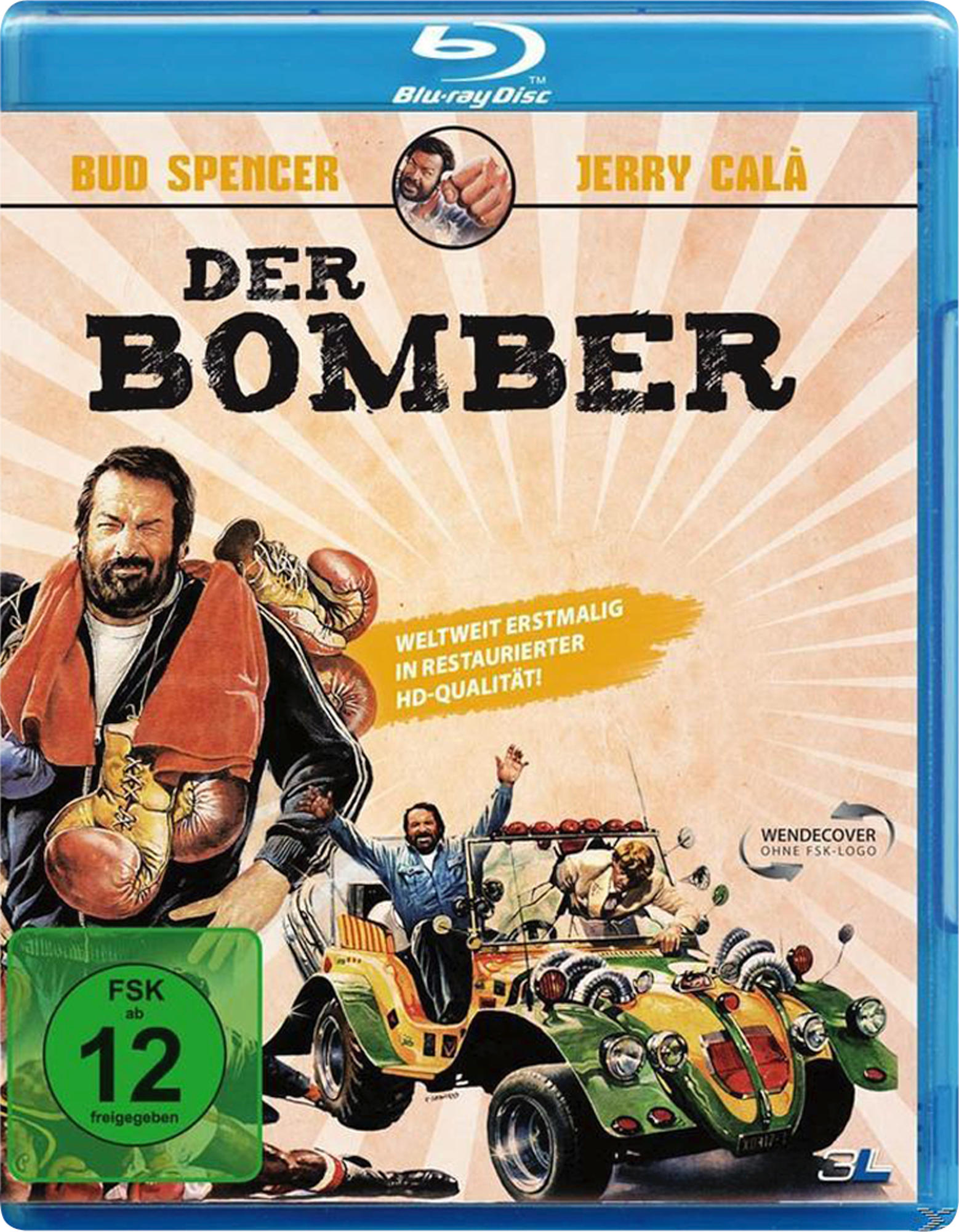 Filmposter eines Mannes mit Bart. 'DER BOMBER' in Weiß. Zwei Schauspieler mit blauem Hintergrund.