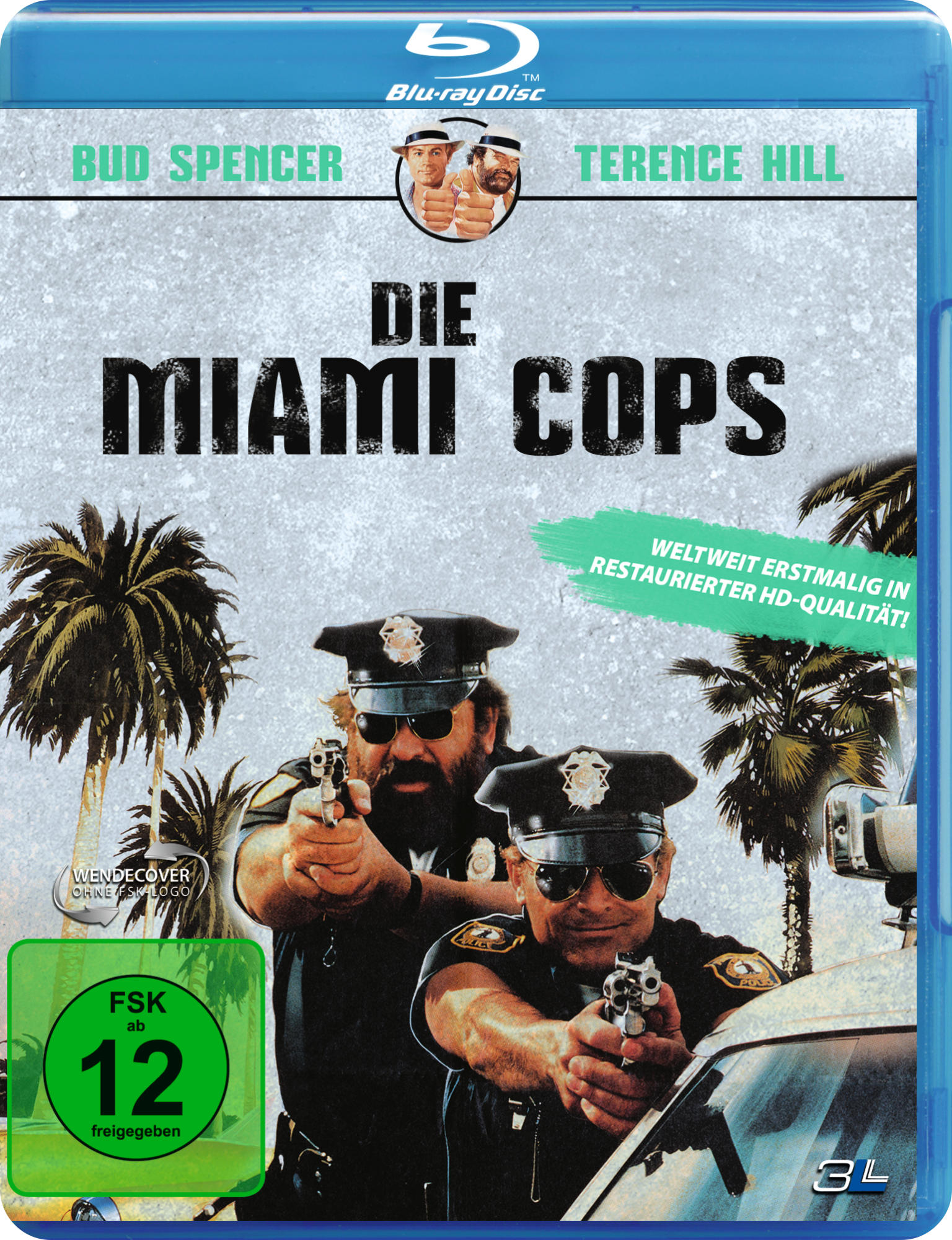 Blu-ray-Cover: 'Die Miami Cops'. Zwei Männer mit Pistolen. Palmen im Hintergrund. Blaue und grüne Farben.
