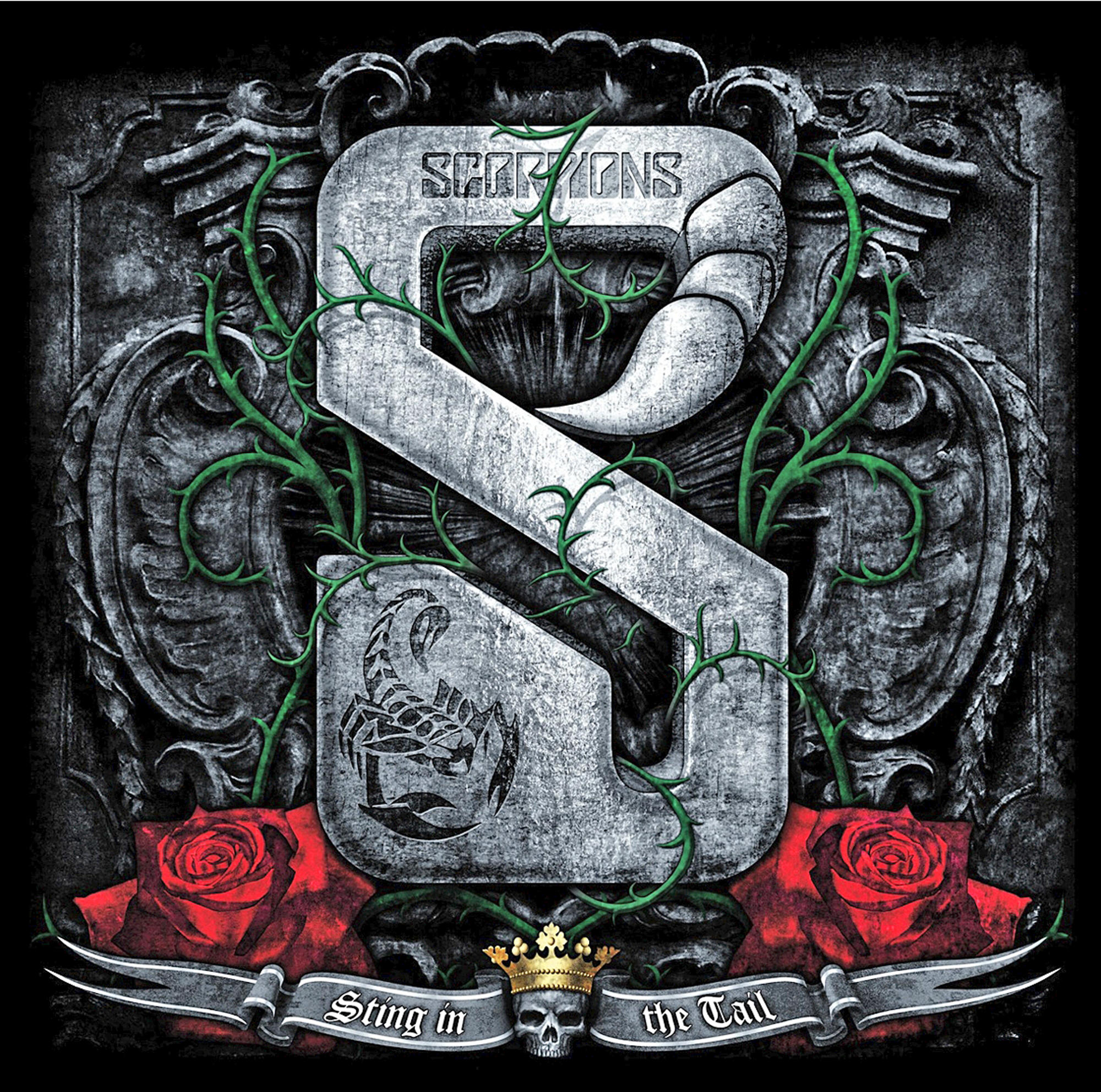 Albumcover für Scorpions' 'Sting in the Tail'. Enthält das Logo der Band und Skorpionbilder.