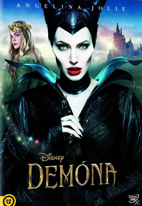 A 'Demóna' című film plakátja, Angelina Jolie-val a főszerepben. Egy nő a háttérben.