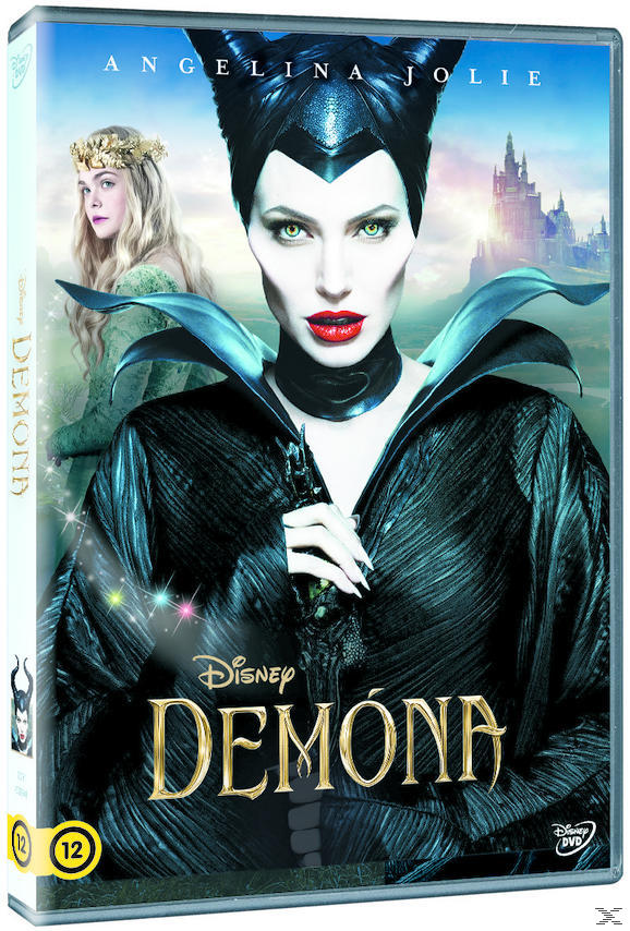 DVD borító. Angelina Jolie, mint Maleficent. Egy zöld ruhás nő a háttérben.