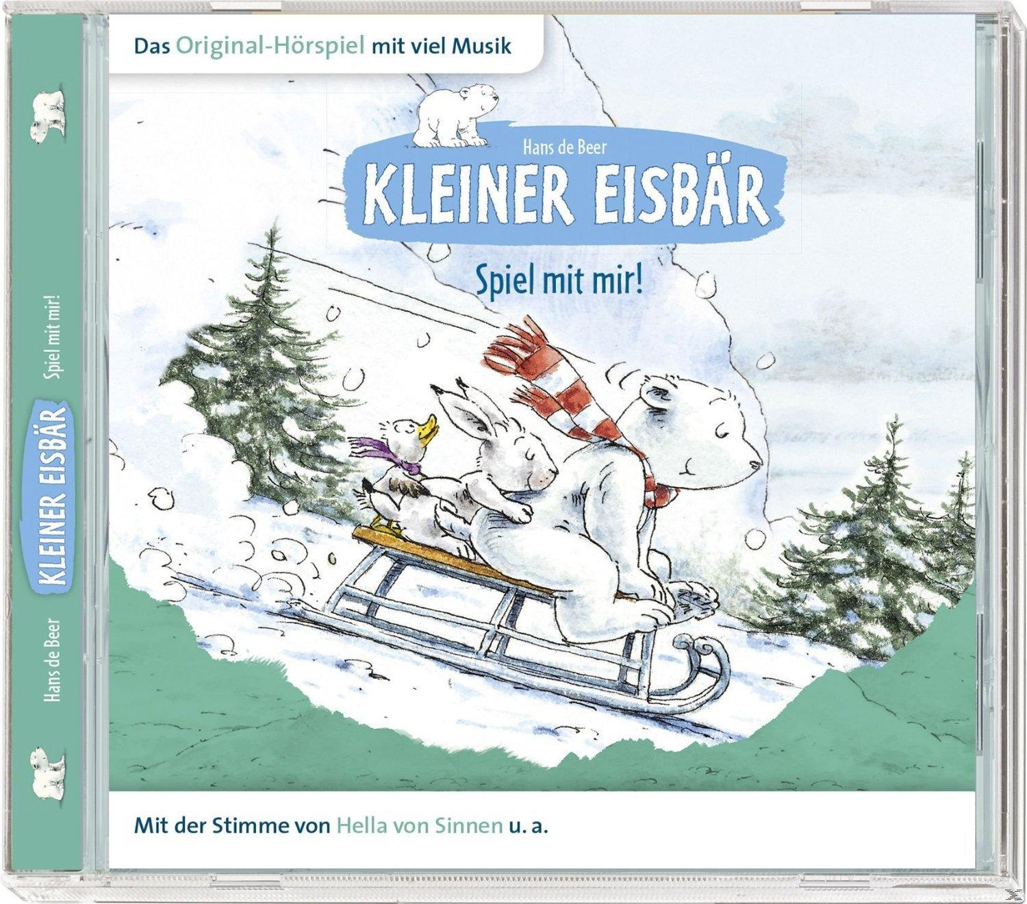 Cartoonbild eines Eisbären, eines Kaninchens und einer Ente auf einem Schlitten in einer Schneeszene.