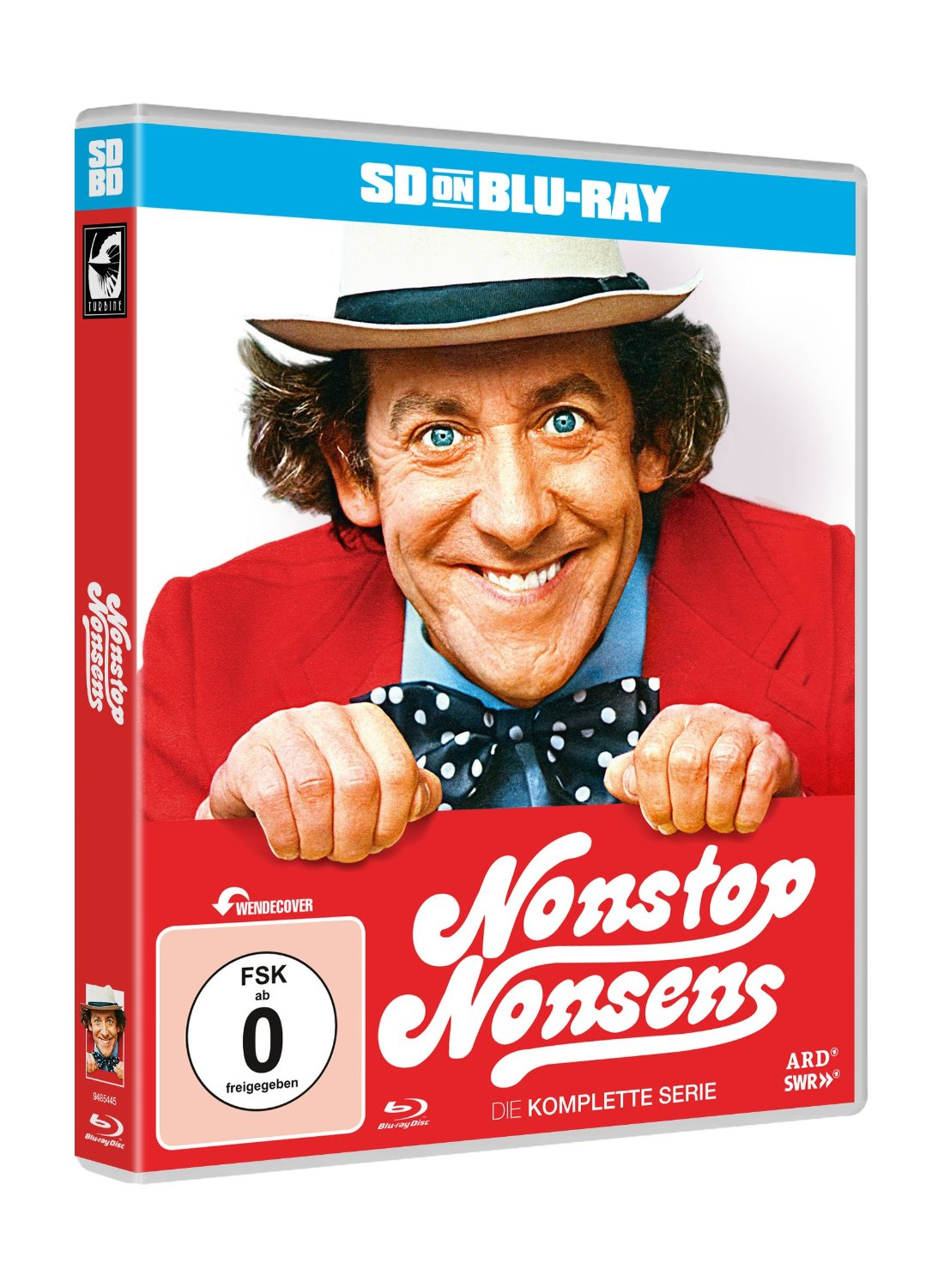 DVD-Cover: 'Nonstop Nonsens'. Mann mit Hut und rotem Anzug, weißer Text auf Blau, roter Hintergrund.