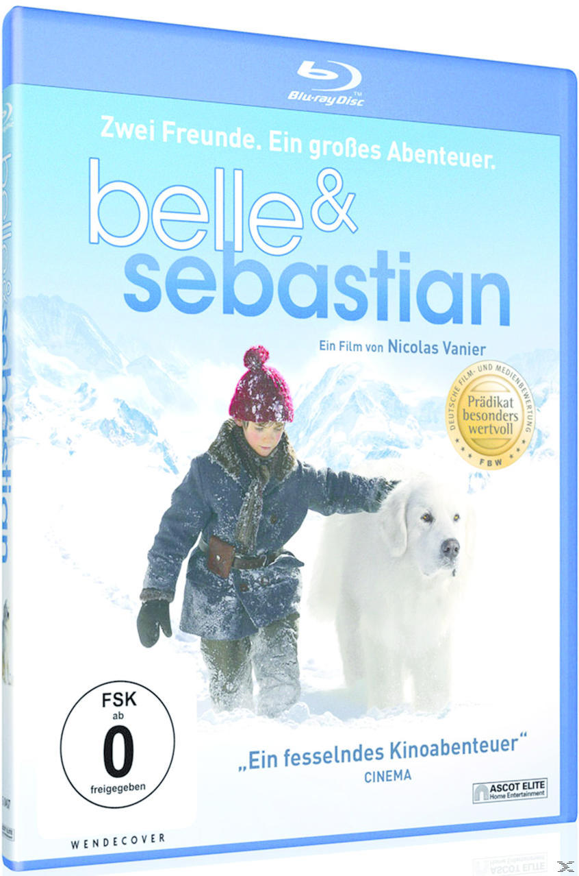 "Belle & Sebastian" Blu-ray-Cover. Junge in Winterkleidung, weißer Hund, Schnee.